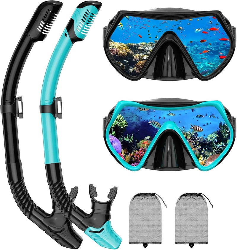 Jwintee Snorkeling Gear for Adults, Adult Snorkel Mask Set Scuba Diving Dry-Top, Swimming Goggles w/Nose Cover, HD Tempered Glass Panoramic Anti-Leak Anti-Fog, Travel Snorkeling Packages Storage Bag, 2 Pack - Image 1